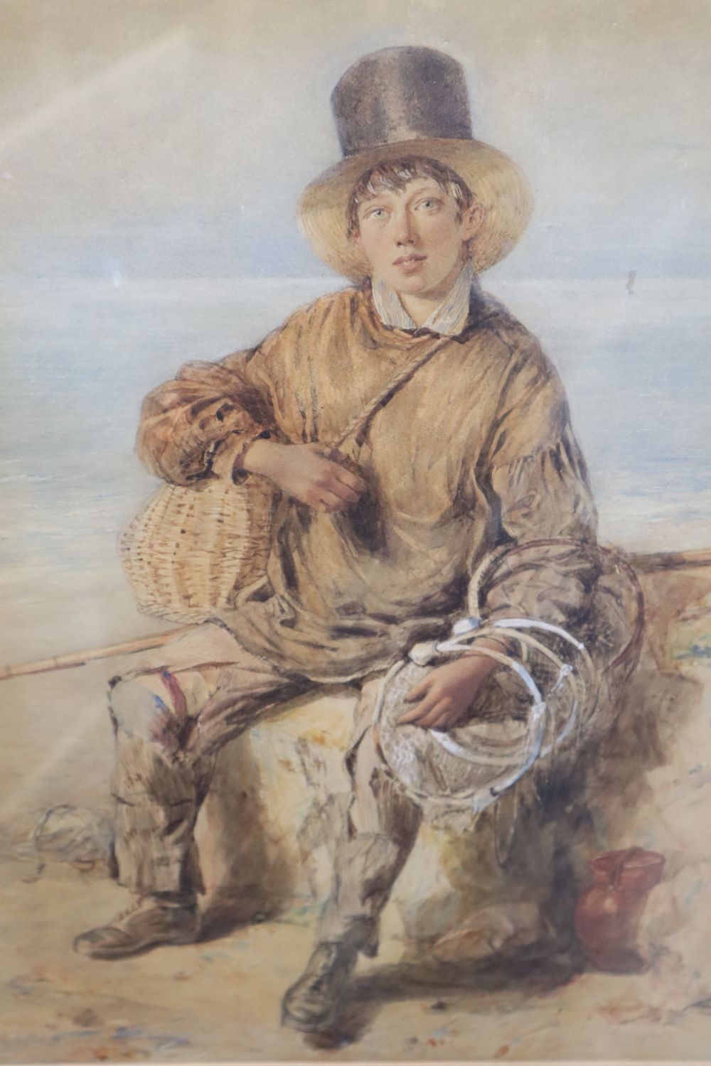 Octavius Oakley (1800-1867), watercolour, Fisherboy on the shore, unsigned, 34 x 25cm